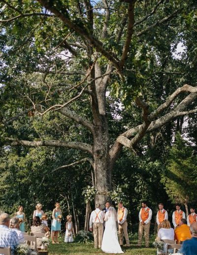 Bride and groom standing under a large tree during an outdoor wedding ceremony with guests seated around them.