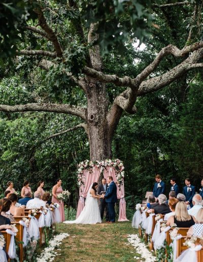 Couple exchanging vows during an outdoor wedding ceremony beneath a large tree.