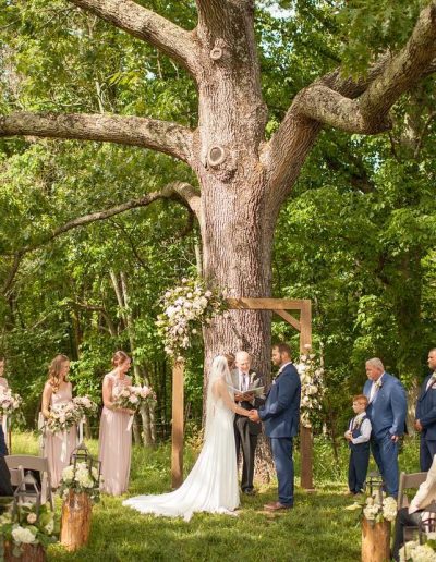 A bride and groom exchange vows beneath a large tree at Heartland Meadows, while bridesmaids, groomsmen and guests gather for the outdoor ceremony.
