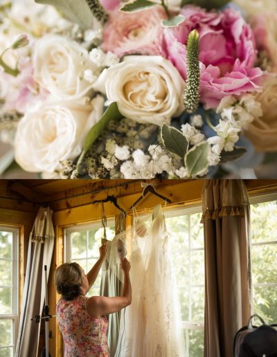 Close-up of a bridal bouquet with roses and other flowers alongside a woman adjusting wedding dresses.