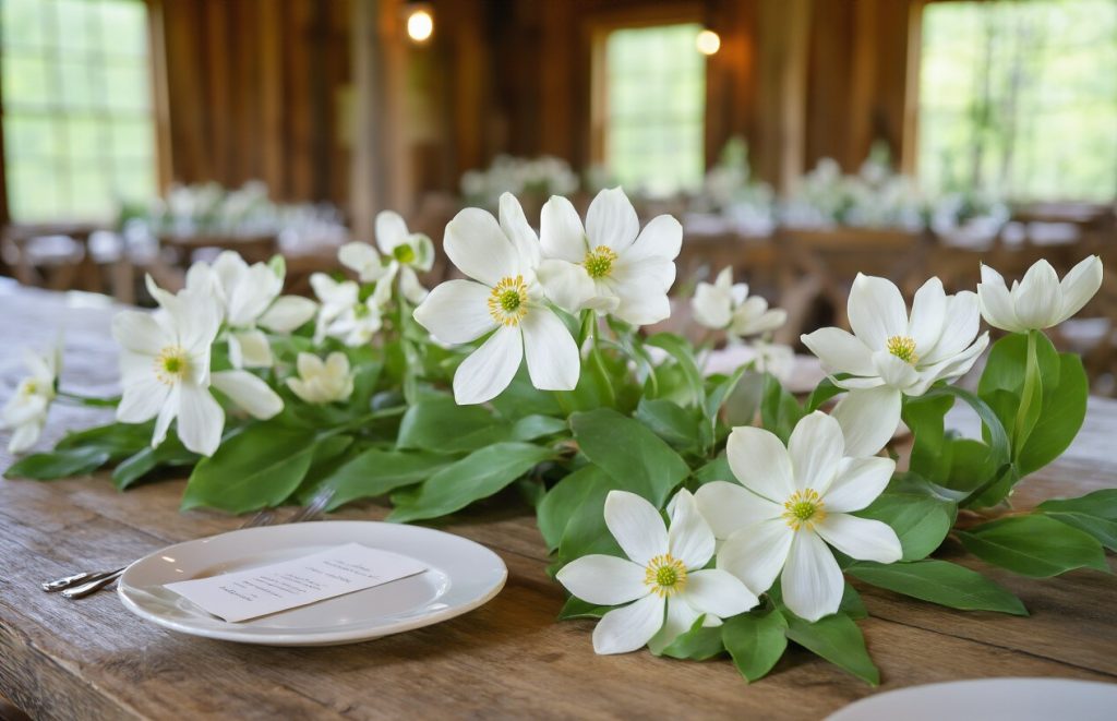Arrangement of white bloodroot flowers with green leaves on a wooden table beside a plate.