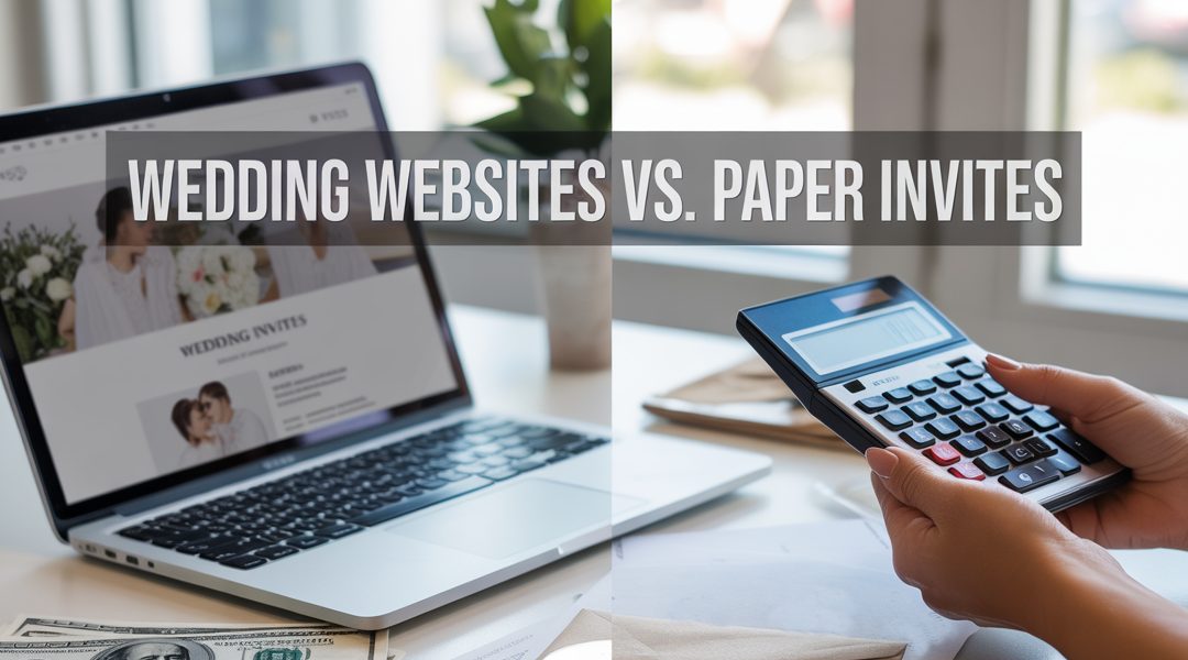 A laptop displaying a wedding website alongside a person using a calculator to compare costs with paper invitations.