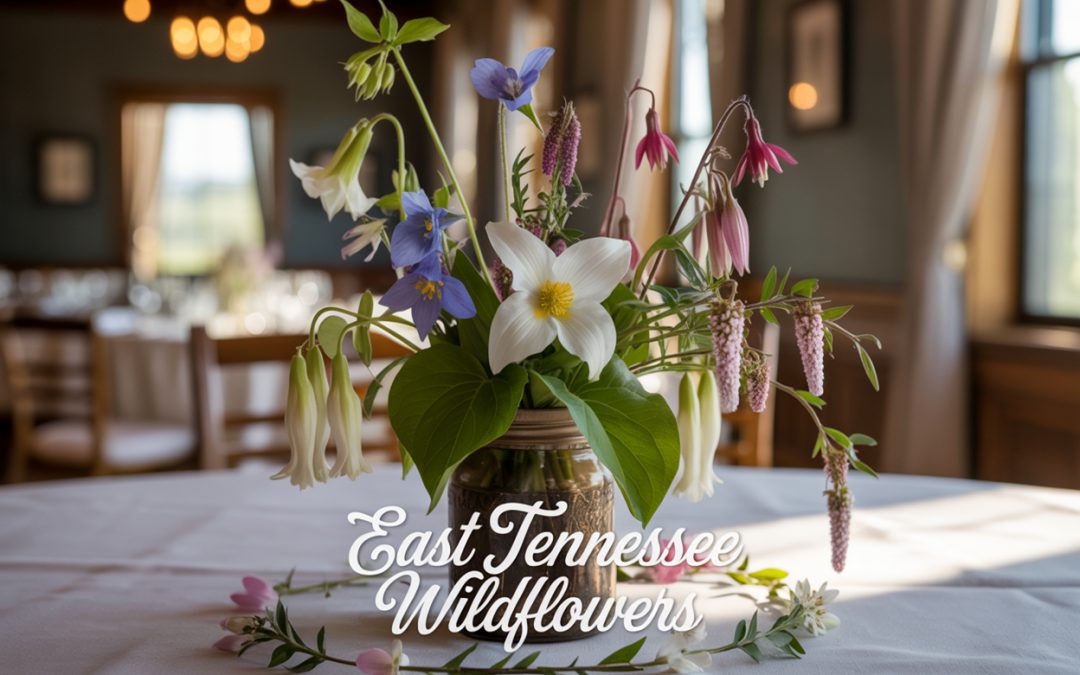 Floral arrangement featuring various wildflowers in a jar on a table.