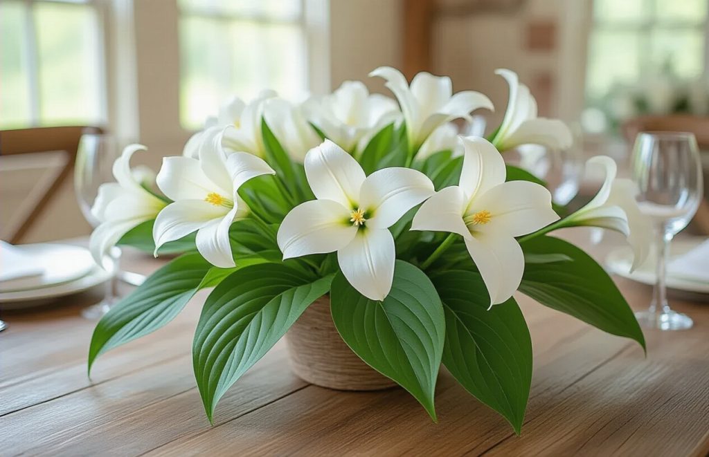 A floral arrangement featuring white lilies with green leaves in a round vase on a wooden table.