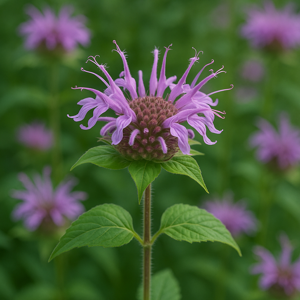Wild Bergamot flower with purple petals and green leaves in a natural setting.