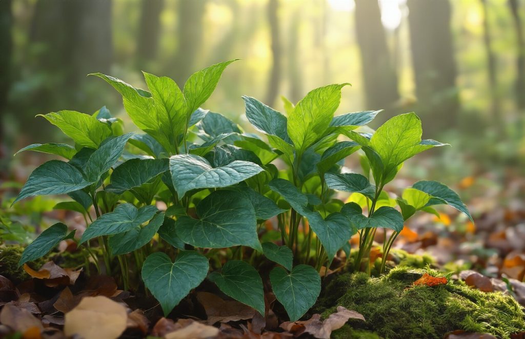 Cluster of wild ginger plants with large green leaves growing in a forest setting.